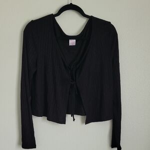 No Boundaries Black Ribbed Tie Front Cropped Cardigan